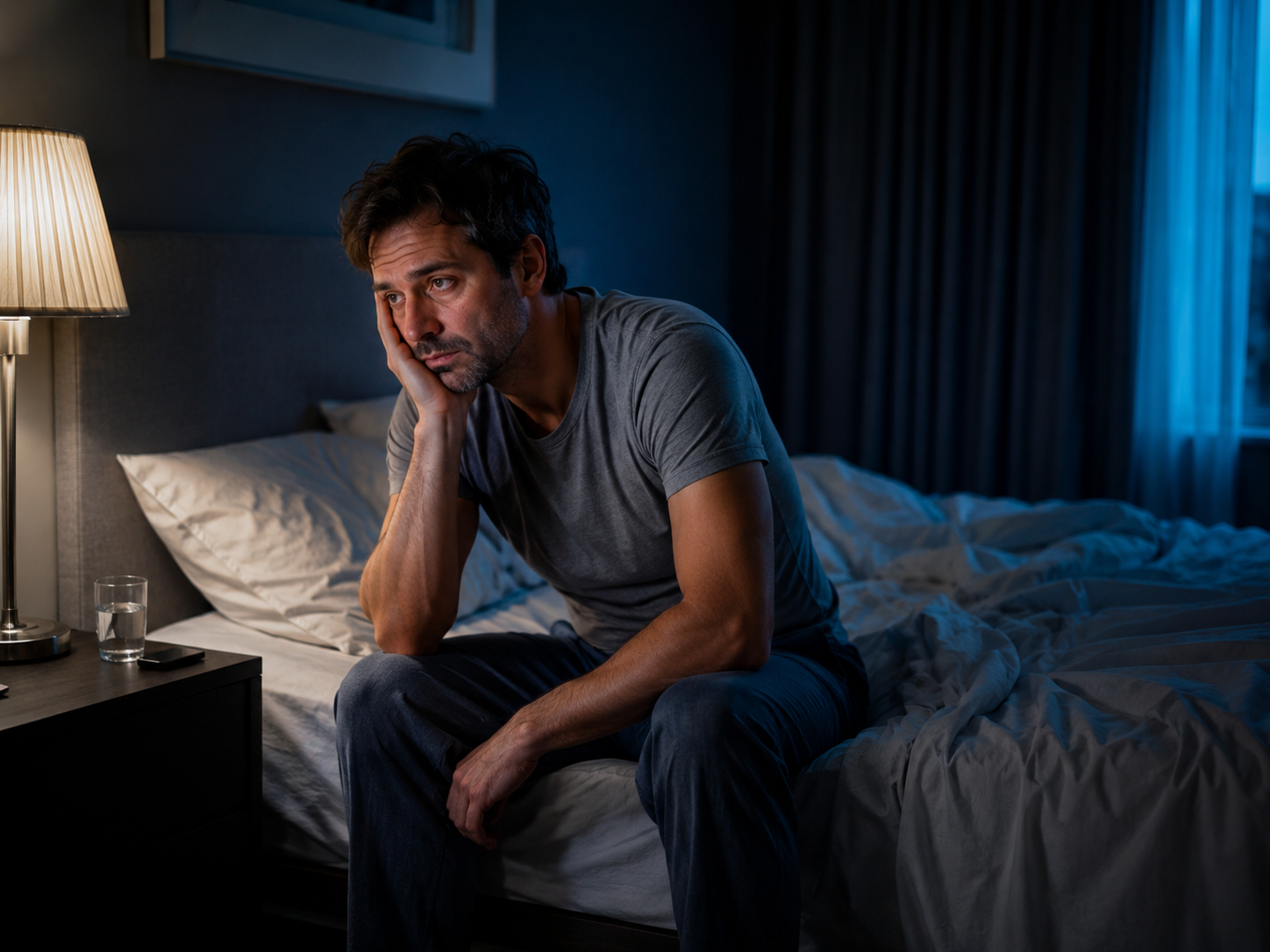 Hombre despierto durante la noche por insomnio
